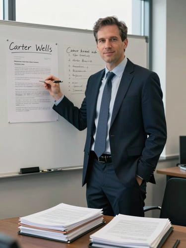Environmental portrait of Carter Wells, a male business attorney in his late thirties, standing beside a whiteboard with handwritten contract notes, office window light behind him, stack of bound agreements on a table in the foreground, wide shot