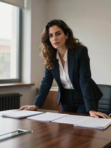 Environmental portrait of Sofia Medina, a female attorney in her early forties, leaning over a conference table with documents spread out, afternoon natural light from a window to her left, shot from across the table at mid-distance