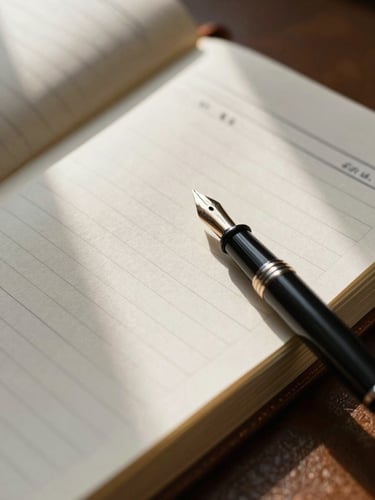 Extreme close-up of a handwritten travel itinerary page lying open on a worn leather notebook, a fountain pen resting diagonally across the lower right corner, warm north-facing window light raking across the paper surface revealing texture, no text legible