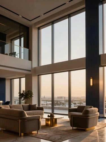 Wide-angle architectural interior of a modern luxury apartment in Riyadh, warm golden-hour sunlight streaming through floor-to-ceiling windows, minimalist premium furniture with brass accents, high-contrast, 35mm lens.
