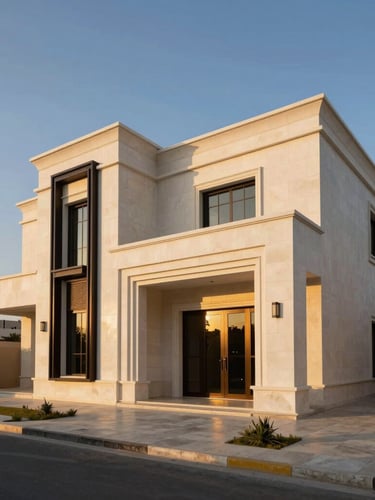 Wide-angle architectural perspective of a contemporary Saudi villa exterior at golden hour, warm sunlight reflecting off clean white stone and dark metal accents, negative space on the left.
