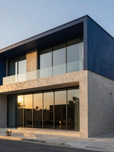 Wide architectural shot of a modern luxury Saudi villa, golden hour sunlight reflecting off clean concrete and glass facade, deep navy accents, high-contrast, premium look.