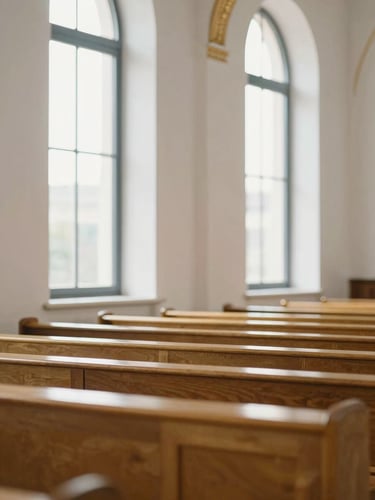 A bright, elegant interior of a modern church sanctuary, soft natural window light reflecting on clean white surfaces, warm gold accents, serene atmosphere, shallow depth of field