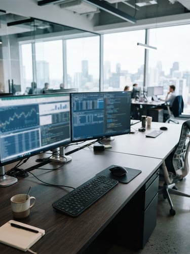 Wide panoramic view of a modern, clean corporate office interior at cool daylight, focusing on a dual-monitor workstation with blurred structured data charts on screens, a keyboard in the foreground, sharp focus, 35mm.