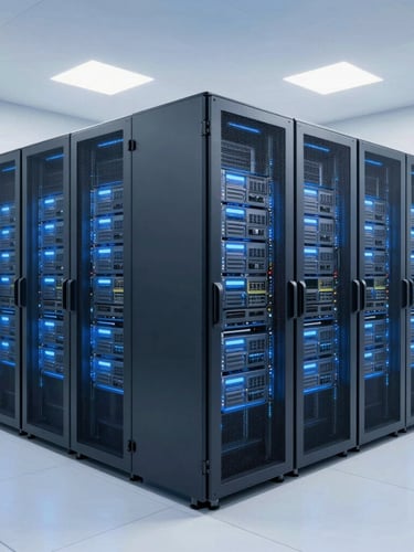 Wide shot of a modern, clean server room with rows of glowing server racks, cool blue lighting, sharp focus, clean editorial photography, bright cool daylight, clinical blue and slate tones, high-end corporate office, 35mm