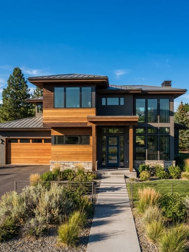 Wide-angle architectural exterior of a modern, well-maintained residential home in Idaho, clean lines, bright natural afternoon sunlight, crisp shadows, blue sky background, 35mm lens.