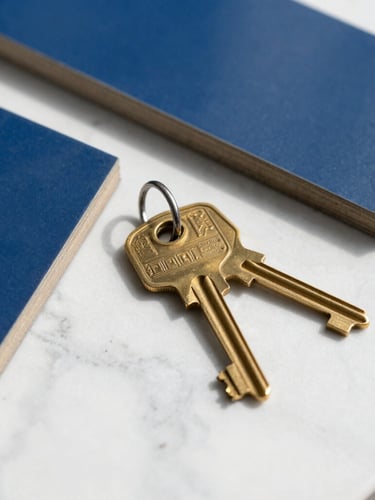 Close-up of high-quality architectural materials and brass keys on a clean marble countertop, bright natural daylight, sharp focus