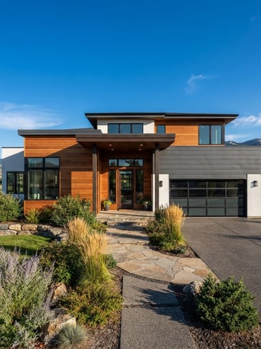 Crisp architectural photograph of a modern residential home exterior in Caldwell Idaho, bright natural afternoon sunlight, deep blue sky, sharp focus