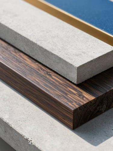 Close-up of high-quality architectural materials, clean concrete and dark wood textures, bright natural daylight, sharp focus, professional real estate setting.