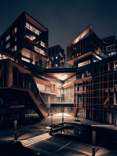 Abstract architectural drawing of a modern commercial development with clean geometric lines, sharp shadows, and subtle blueprint gridlines in deep navy and warm copper tones, 35mm photography