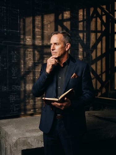 Low-key dramatic architectural portrait of a director in a dark navy suit against a background of sharp geometric shadows and technical blueprints, warm copper lighting highlights, 35mm.