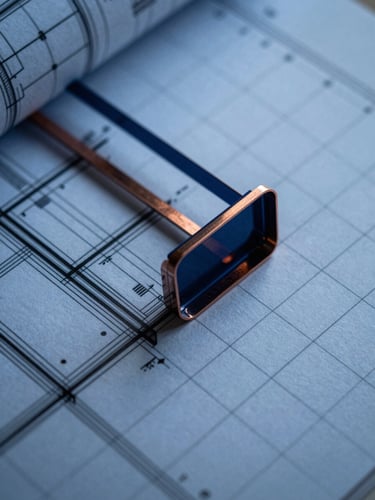 Extreme close-up of a technical architectural drawing overlayed with clean digital spreadsheet gridlines, cool blue tones, copper accents, 35mm.