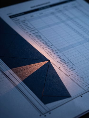 Extreme close-up of a technical construction drawing with sharp geometric lines, overlaid with a clean digital interface showing a commercial spreadsheet, cool blue tones, warm copper highlights.