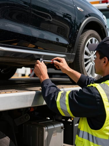 Close-up of a professional tow truck operator in safety gear, securing a vehicle on a flatbed, focused on hands and equipment, high-contrast outdoor daylight, sharp focus.