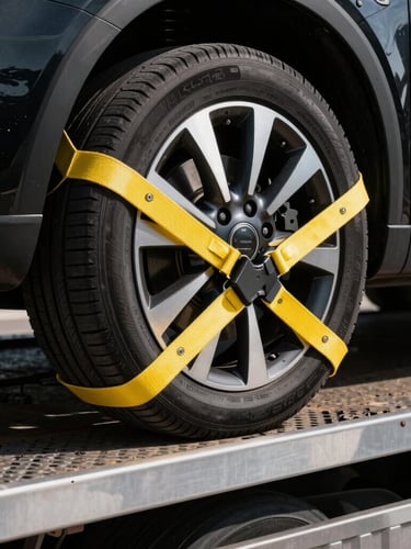 Close-up of heavy-duty yellow tie-down straps securing a car wheel onto a modern metal flatbed tow truck, high-contrast industrial lighting, sharp focus