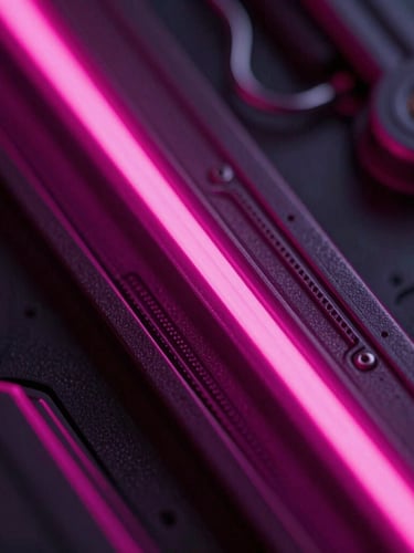 Macro close-up of a high-fidelity digital art render with sharp neon magenta lighting, hyper-detailed tech textures, dark background