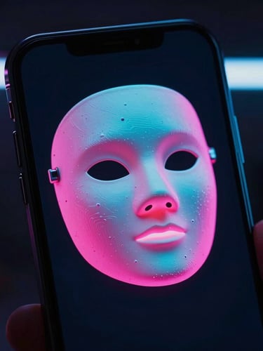 Tight macro shot of a glowing smartphone screen displaying a hyper-detailed neon pink and cyan 3D face-tracking AR mask, moody dark studio background with LED backlighting.