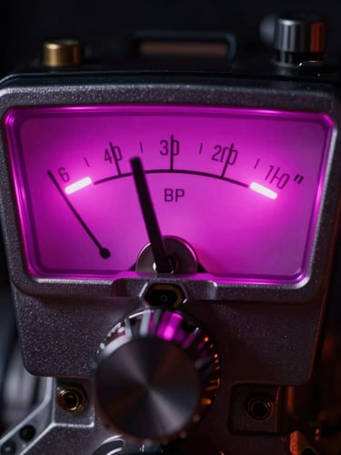 Macro close-up of a professional solid-state compressor in a dark studio, glowing electric magenta LED meters, sharp metallic knobs, low-key ambient lighting.
