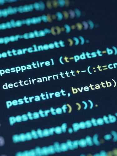 Close-up capture of a custom software interface showing lines of code with glowing neon cyan highlights, low-key ambient lighting