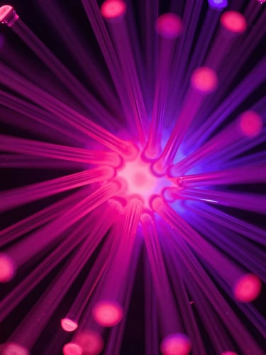 Macro close-up of a complex generative digital artwork, intricate glowing fiber-optic threads, neon magenta and deep purple light, ultra-detailed glass textures