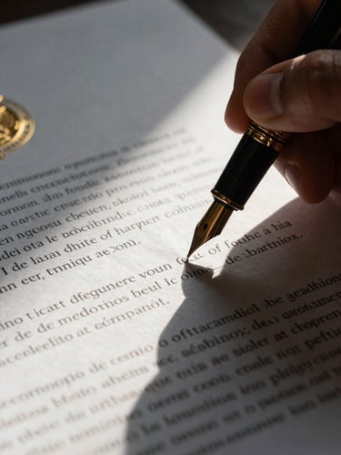 Tight macro shot of a fountain pen signing a complex constitutional amparo document, dramatic side-lighting, high-contrast shadows, gold accents on paper, 35mm