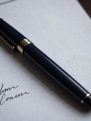 Sharp close-up of a high-quality fountain pen resting on a signed legal document with a faint official seal, dramatic side-lighting, deep navy tones, 35mm