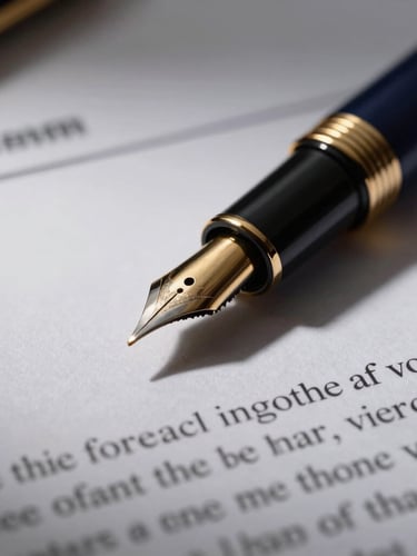 Tight macro shot of a high-quality fountain pen resting on signed legal documents, dramatic side-lighting, deep navy and gold tones, 35mm