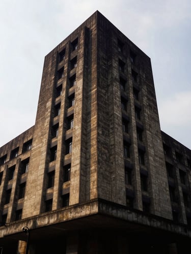 Low-angle dramatic editorial of the Suprema Corte de Justicia building in Mexico City, overcast sky, imposing modern concrete architecture, high contrast, 35mm