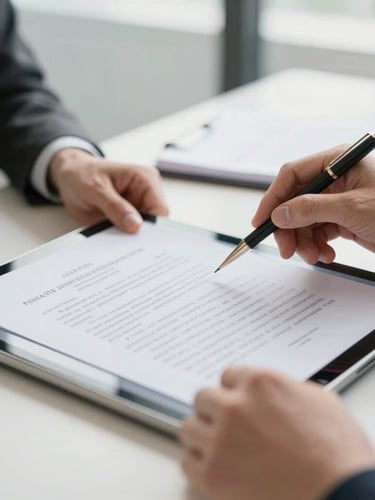 Close-up of professional hands analyzing legal case files on a tablet screen, bright natural daylight, clean modern workspace with soft focus background.
