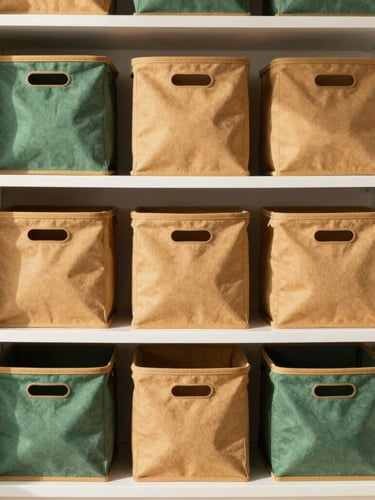Straight-on eye-level shot of highly organized pantry shelves with modular canvas storage bins and warm amber accents, bright natural morning light