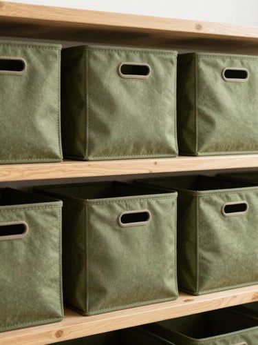 Eye-level editorial photo of modular olive green canvas storage bins neatly arranged on a solid oak shelf, bright morning light, crisp details.
