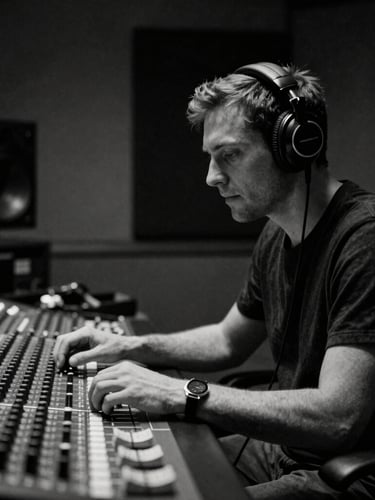 Moody, candid black and white portrait of a sound engineer wearing headphones, looking intently at a mixing console in a dimly lit studio