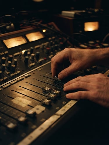 Low-key dramatic close-up of hands adjusting analog faders on a large mixing console, warm golden meter glow, deep shadows, 35mm film grain
