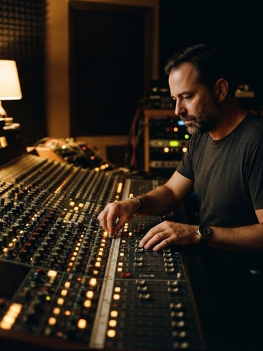 Moody, low-key portrait of an engineer adjusting faders on a large analog console, warm gold console glow, deep shadows, rich dark tones, 35mm film grain, side-lighting