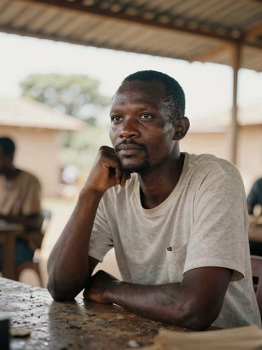 Warm editorial portrait of a Zimbabwean founder in a sunlit Harare workspace, looking thoughtful, documentary style, 35mm