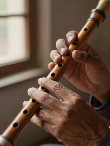 Extreme close-up of weathered hands holding a wooden Kaval flute in playing position, fingers resting over tone holes, natural window light from the left casting gentle shadow across the grain of the instrument, warm ochre tones, shallow depth