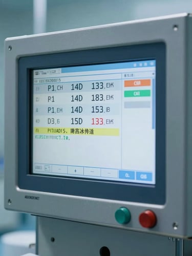 Macro shot of a sterile pharmaceutical cleanroom control interface, blue-tinted ambient light, sharp digital display showing validation system status, stainless steel enclosure.