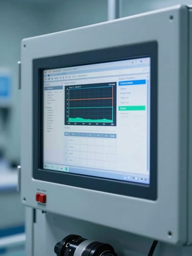 Close-up of a sterile cleanroom control panel showing validation software running on a high-resolution screen, cool blue ambient lighting, sharp focus on data charts