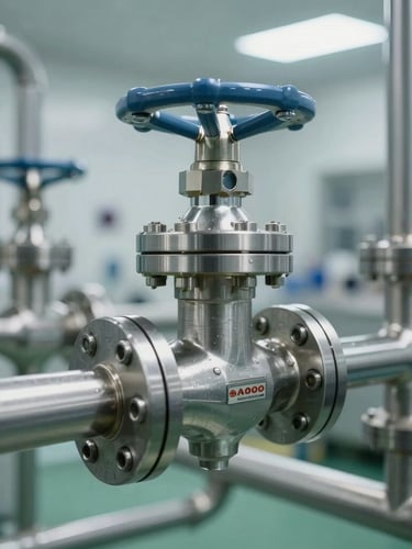 Close-up of high-purity water system stainless steel piping and sanitary valves in a pharmaceutical facility, cool sterile lighting