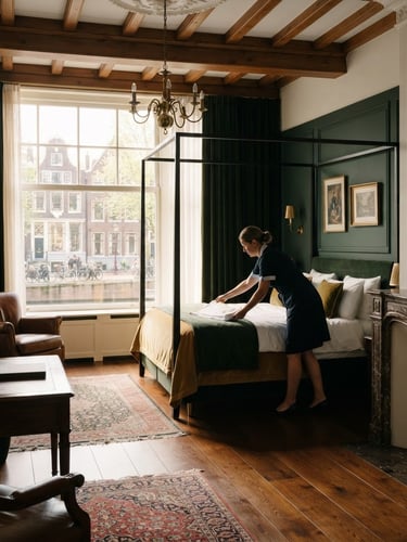 Architectural portrait of an elegant Amsterdam canal house suite, soft natural daylight illuminating polished wood surfaces, a professional housekeeper in a neat dark uniform arranging linen in the background, 35mm lens.