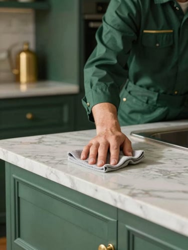 Close-up of a professional cleaner in a neat dark green uniform, using a soft cloth to polish a marble kitchen counter, natural daylight, warm gold accents, elegant interior.