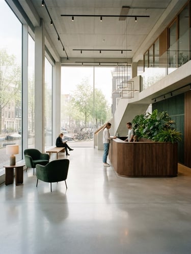 Architectural shot of a light-filled modern Amsterdam office lobby, polished concrete floors reflecting soft Dutch daylight, minimalist wooden furniture