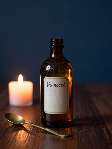A single vintage amber glass bottle with a hand-labeled tag, sitting on a dark oak table next to a brass spoon, warm candle light, moody shadows