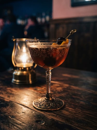 Tight macro shot of a vintage cocktail glass on a dark wooden table, warm candle light reflecting off bronze details, moody film grain.