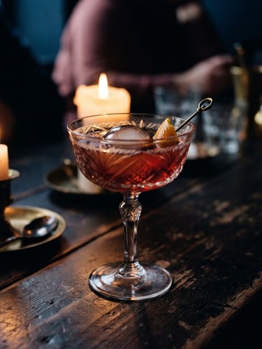 Moody close-up of a cocktail in vintage glassware on a dark wooden table, warm candle-light glowing from behind, antique brass details, deep blue shadows, 35mm film style