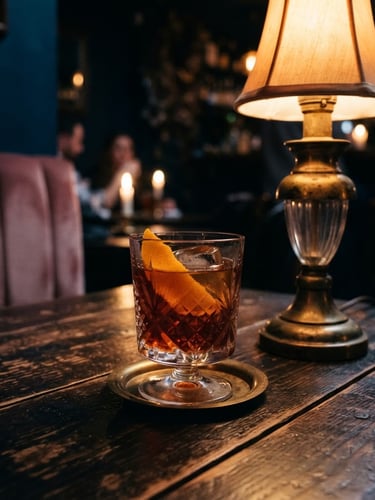Moody editorial photography, warm candlelight, deep blue and dusty rose tones, vintage brass accents, 35mm film. Close-up of a low-lit wooden table at Therapy Cafe, a single cocktail in vintage glassware beside an antique bronze lamp, soft velvet textures in the background, amber incandescent glow, high contrast with deep shadows.