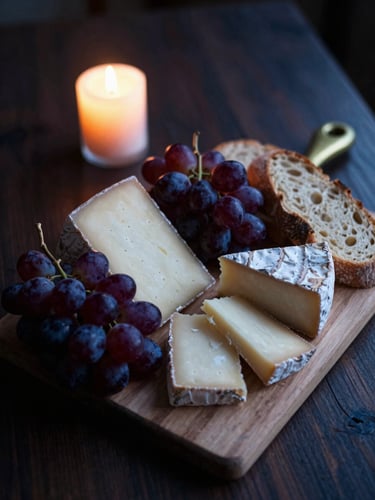 A close-up of a rustic cheese board with dark grapes and artisanal bread on a dark wooden table, warm candlelight, moody shadow play, deep tones