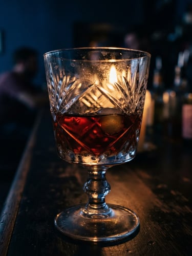 Moody close-up of a vintage cocktail glass filled with dark liquid, reflecting warm amber candlelight, deep blue background, rich shadows, 35mm film style
