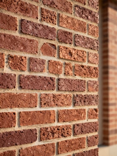 Close-up of raw brickwork and architectural details of a historic Mississippi renovation under natural daylight, warm tones, sharp depth of field.