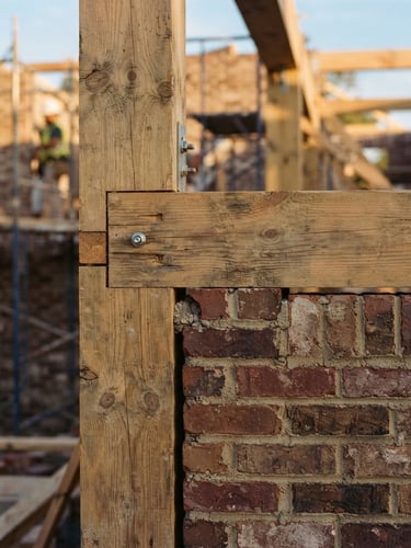 Close-up of raw timber and brick craftsmanship on a Macon construction site, warm golden-hour Mississippi light, sharp depth of field, 35mm lens